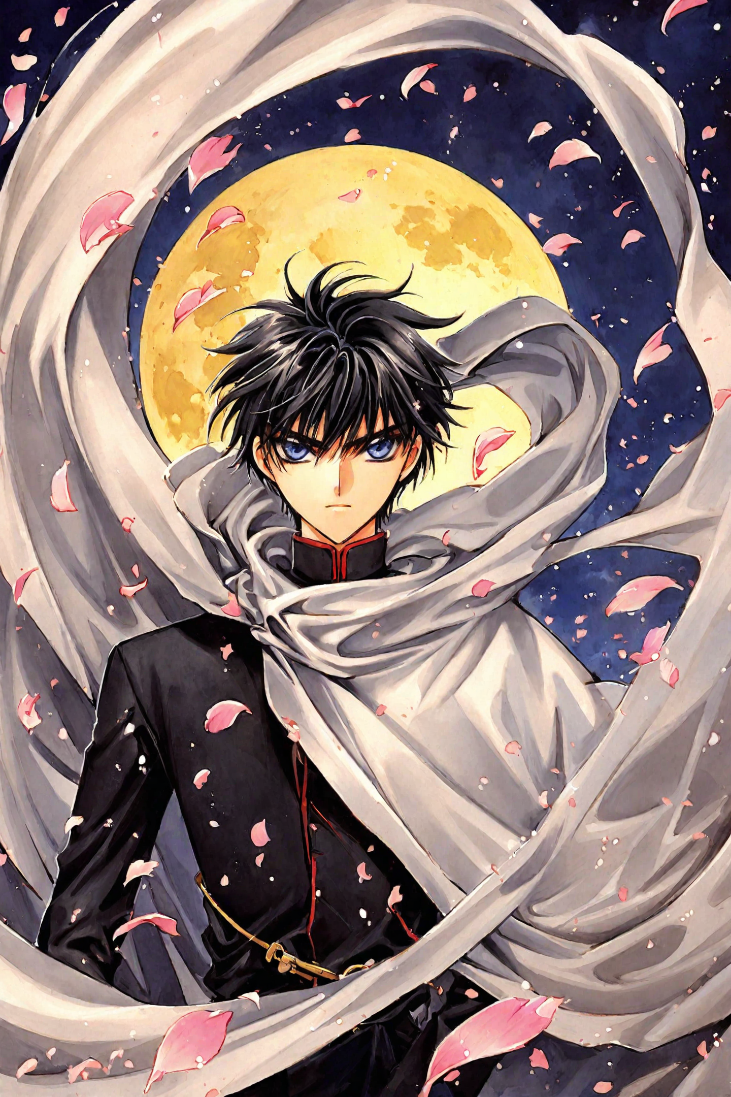 33469-2922951101-X(CLAMP),_solo,1boy,Kamui Shirou,male focus,black hair,blue eyes,moon,petals,cape,full moon,traditional media,serious,wind,upper.png